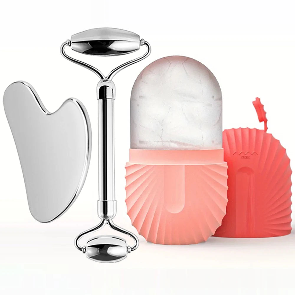 Ice Face Roller Facial Skincare Ice Roller Set, Stainless Steel Facial Roller Gua Sha Face Tool Face Massage Roller Mold Cube